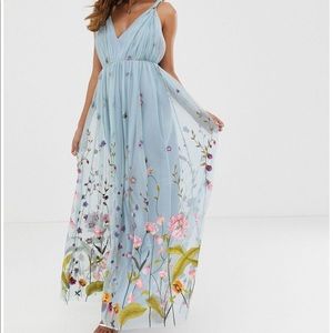 ASOS Blue Embroidered Floral Maxi Dress